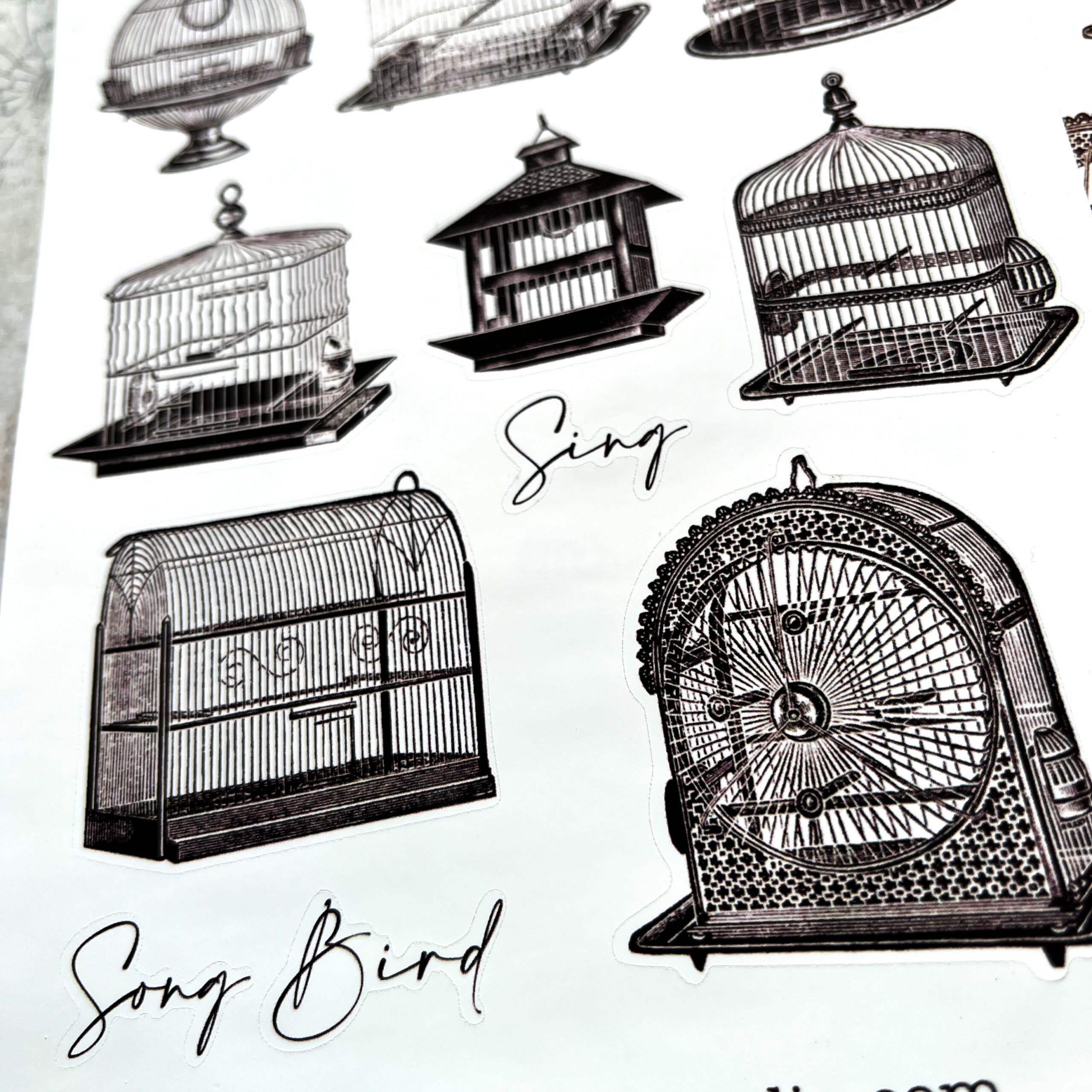 Vintage Bird Cages Sticker Sheets Black and White