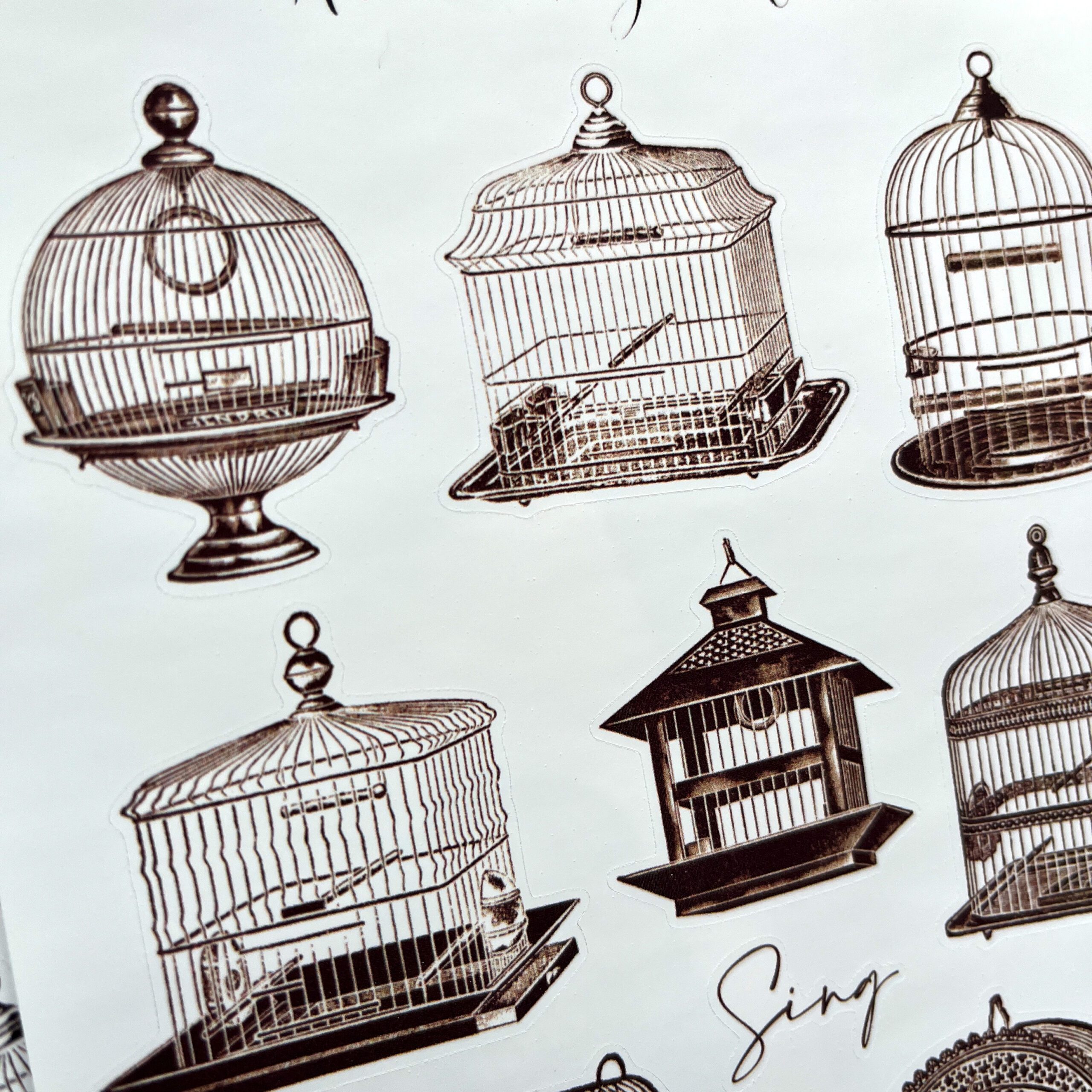 Vintage Bird Cages Sticker Sheets Sepia