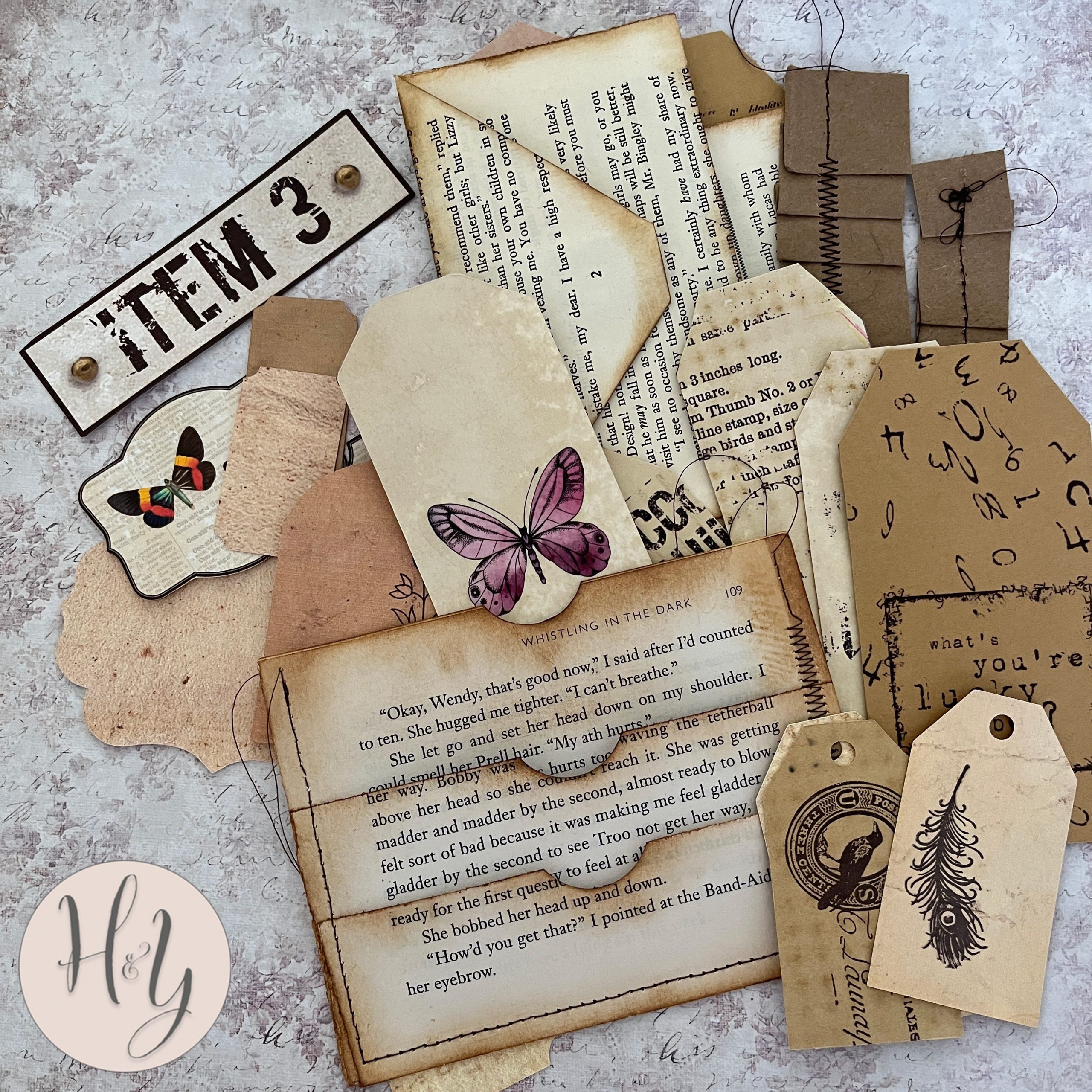 grungy sewn and stuffed book page pockets