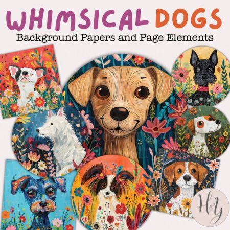 Product Image for Colorful junk journal elements and papers featuring whimsical Dogs