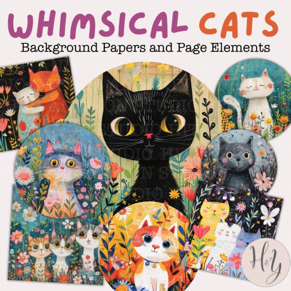 product image for Colorful junk journal elements and papers featuring whimsical cats