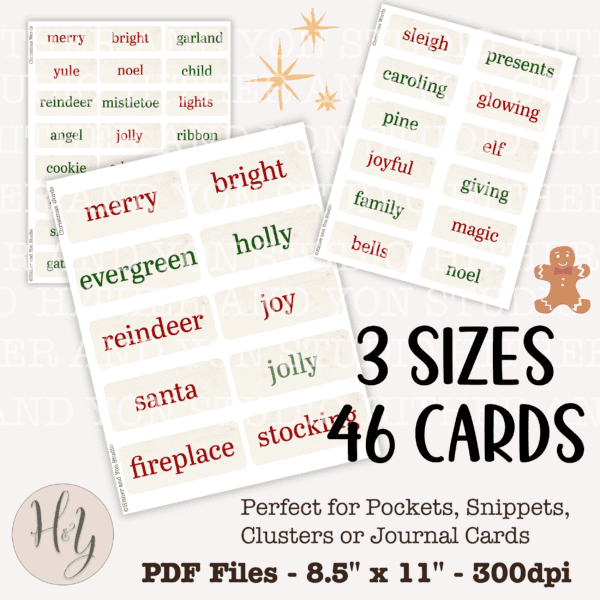 Vintage-style holiday word cards featuring Christmas words for journaling and paper crafts.