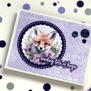 Handmade Card with a Fox and "Sending Lots of Hugs" sentiment in lavender and purple