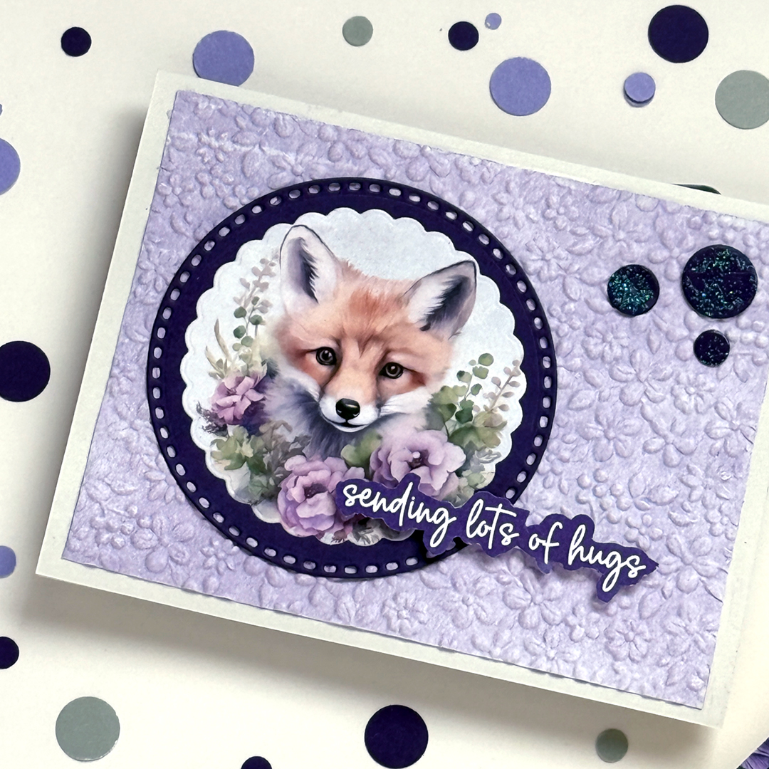 Handmade Card with a Fox and "Sending Lots of Hugs" sentiment in lavender and purple